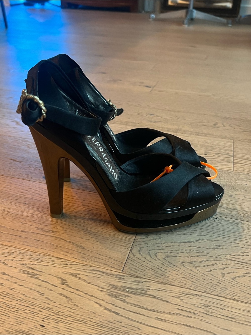 Salvatore Ferragamo Black Satin Platform Peep-Toe Heels with Gold Buckle